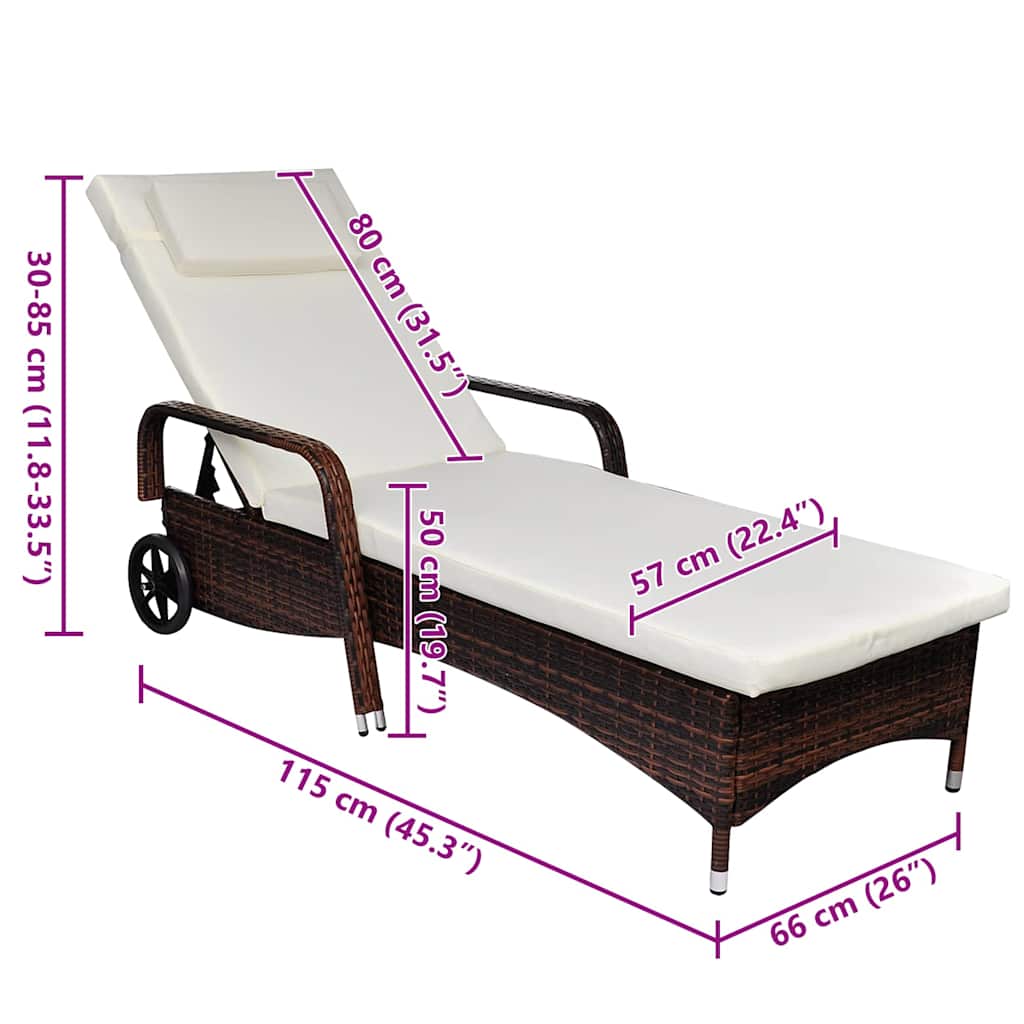 liggestol med hynde & hjul polyrattan brun