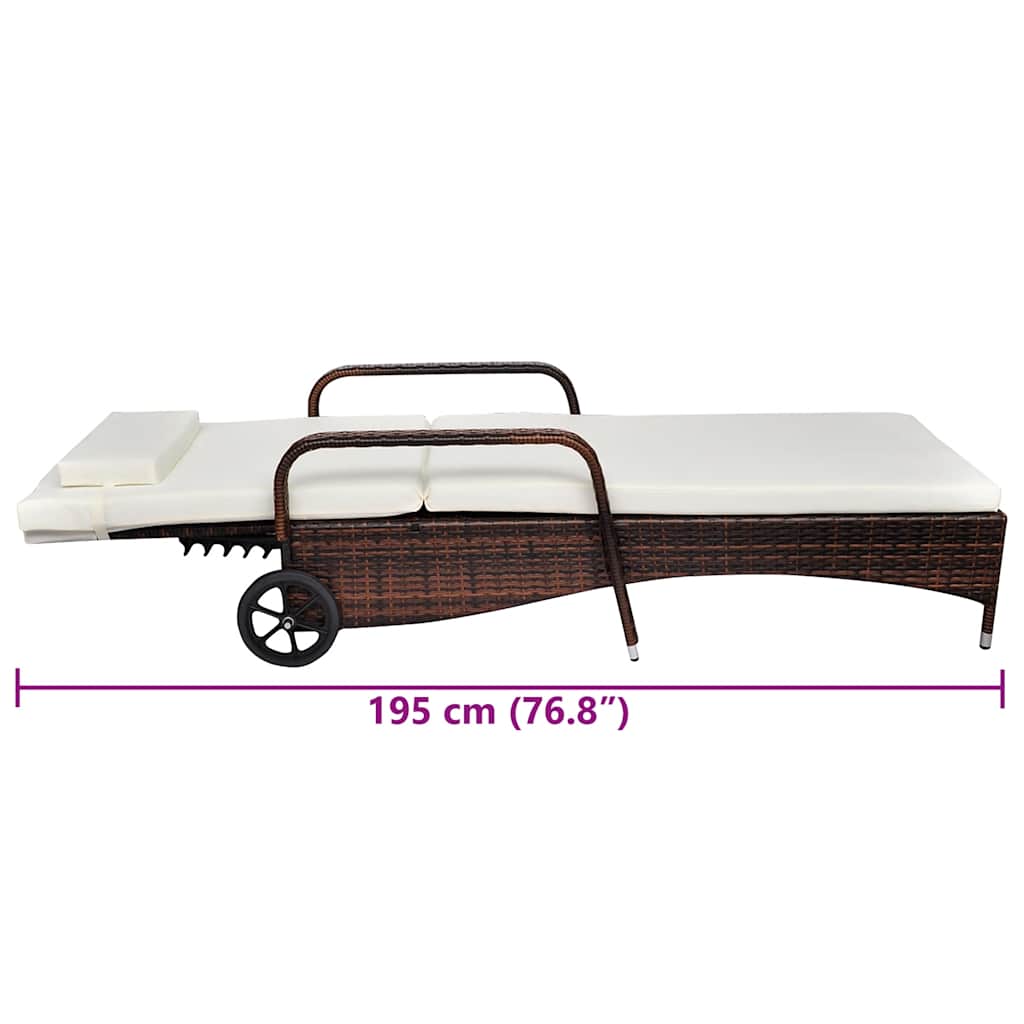 liggestol med hynde & hjul polyrattan brun