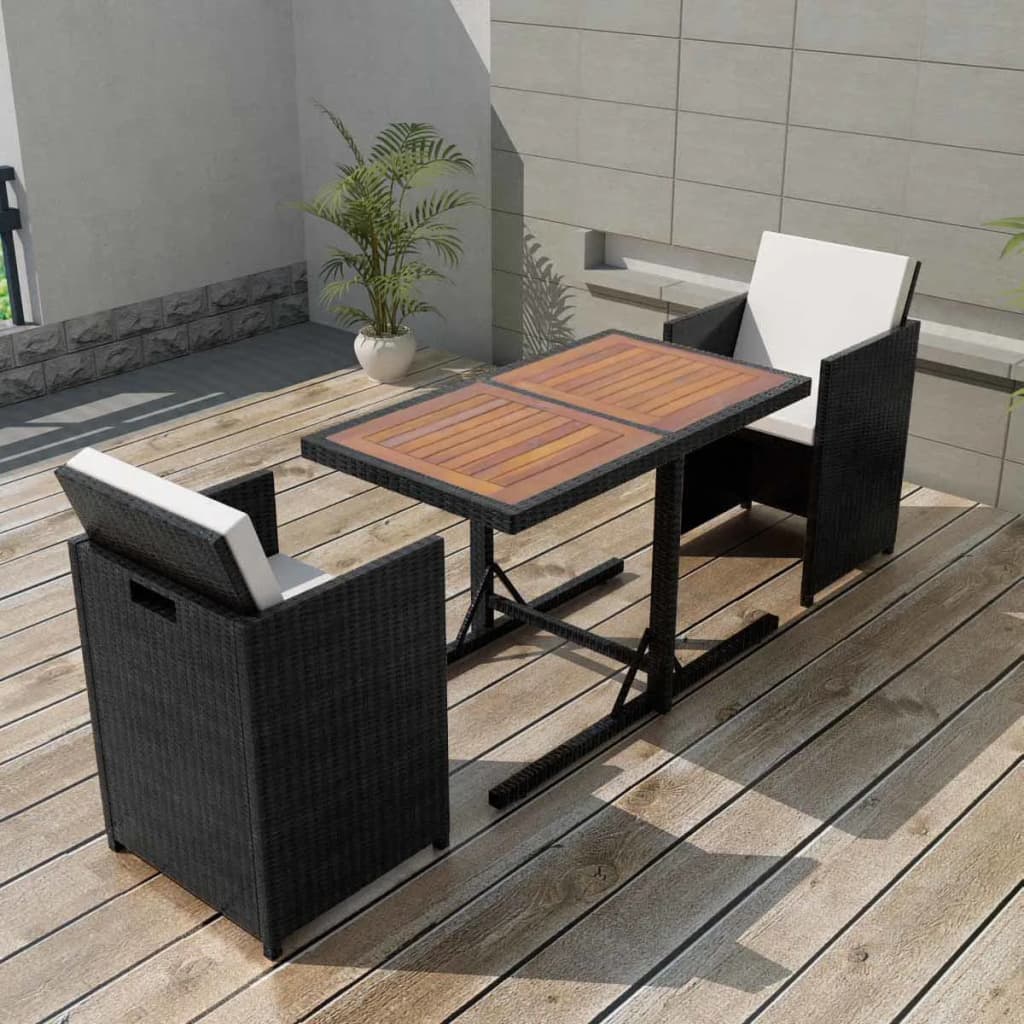 bistrosæt 3 dele med hynder polyrattan sort