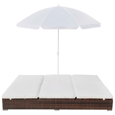 loungeseng med parasol polyrattan brun