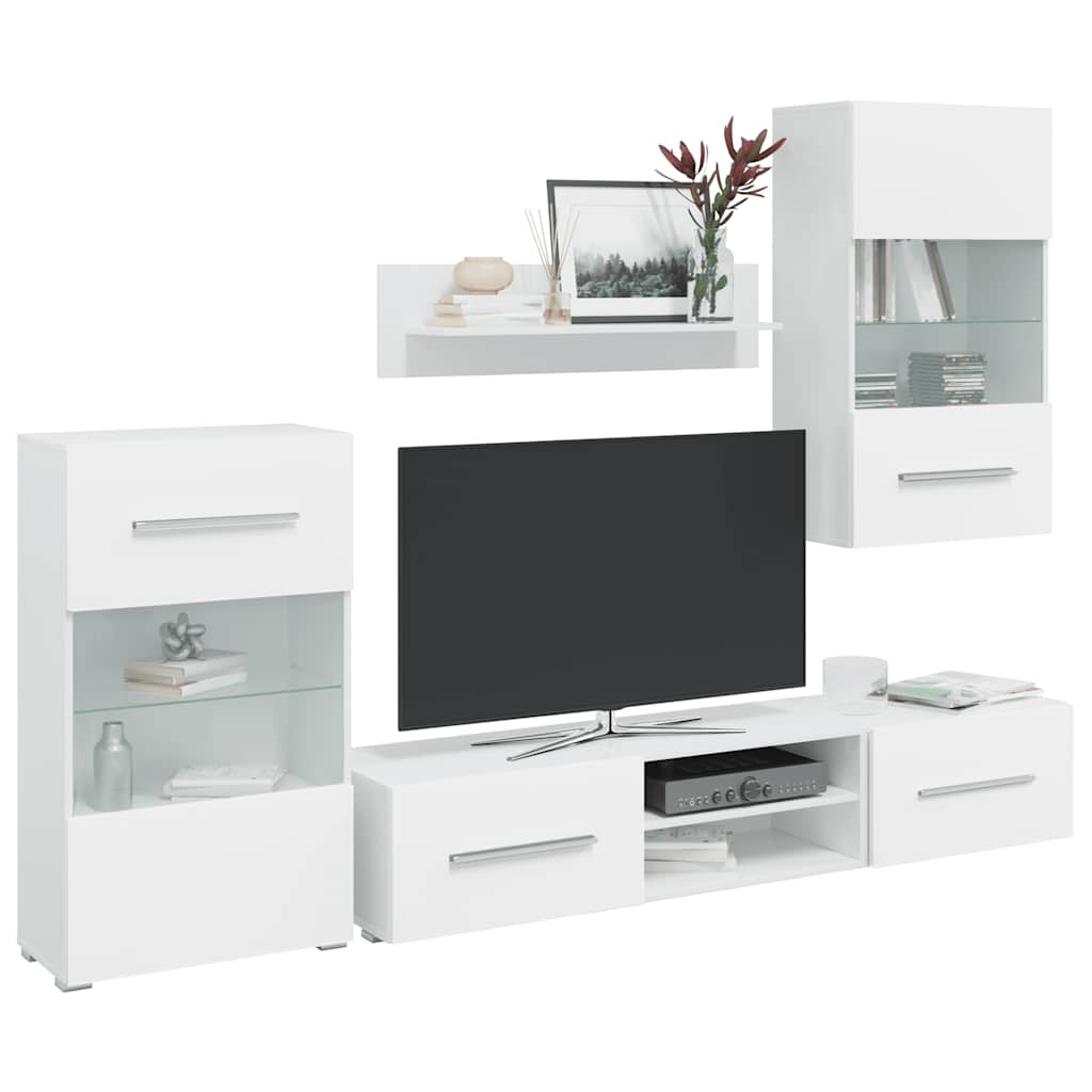 skabssæt med tv-skab og LED-lys 5 dele hvid