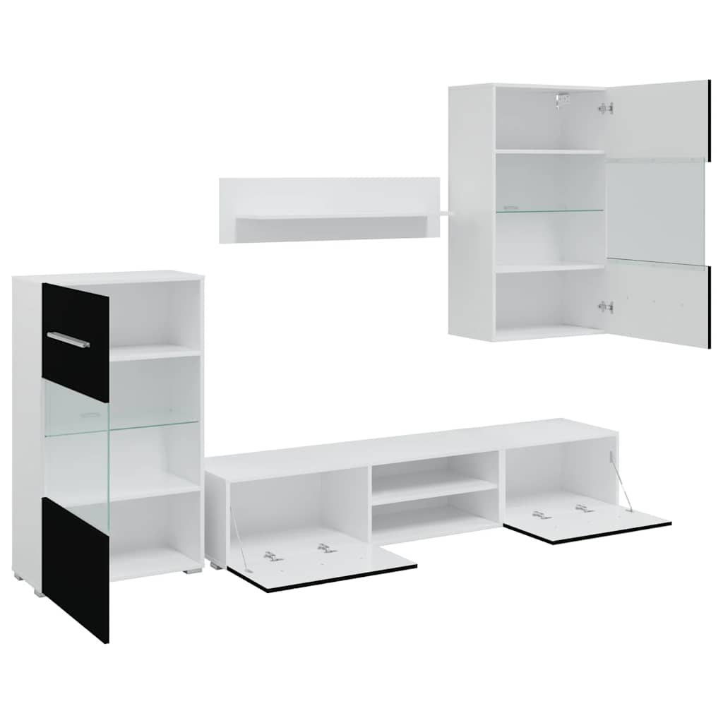 skabssæt med tv-skab og LED-lys 5 dele sort