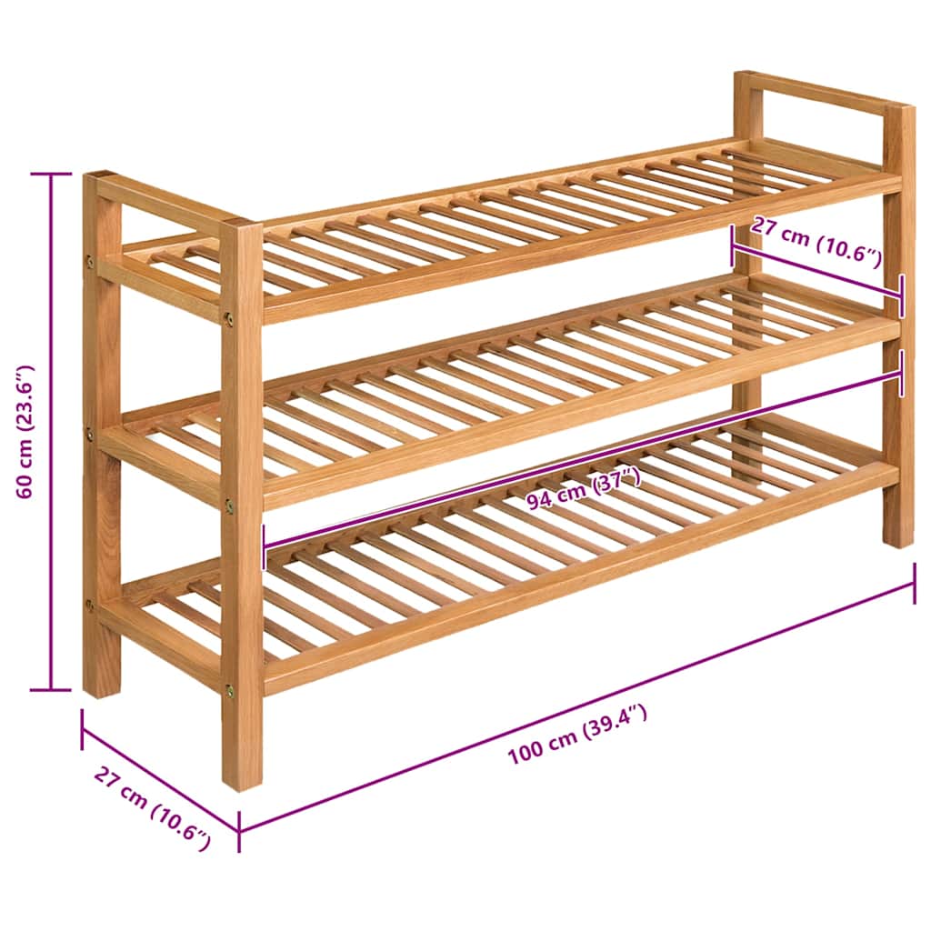 skostativ med 3 hylder 100x27x60 cm massivt egetræ