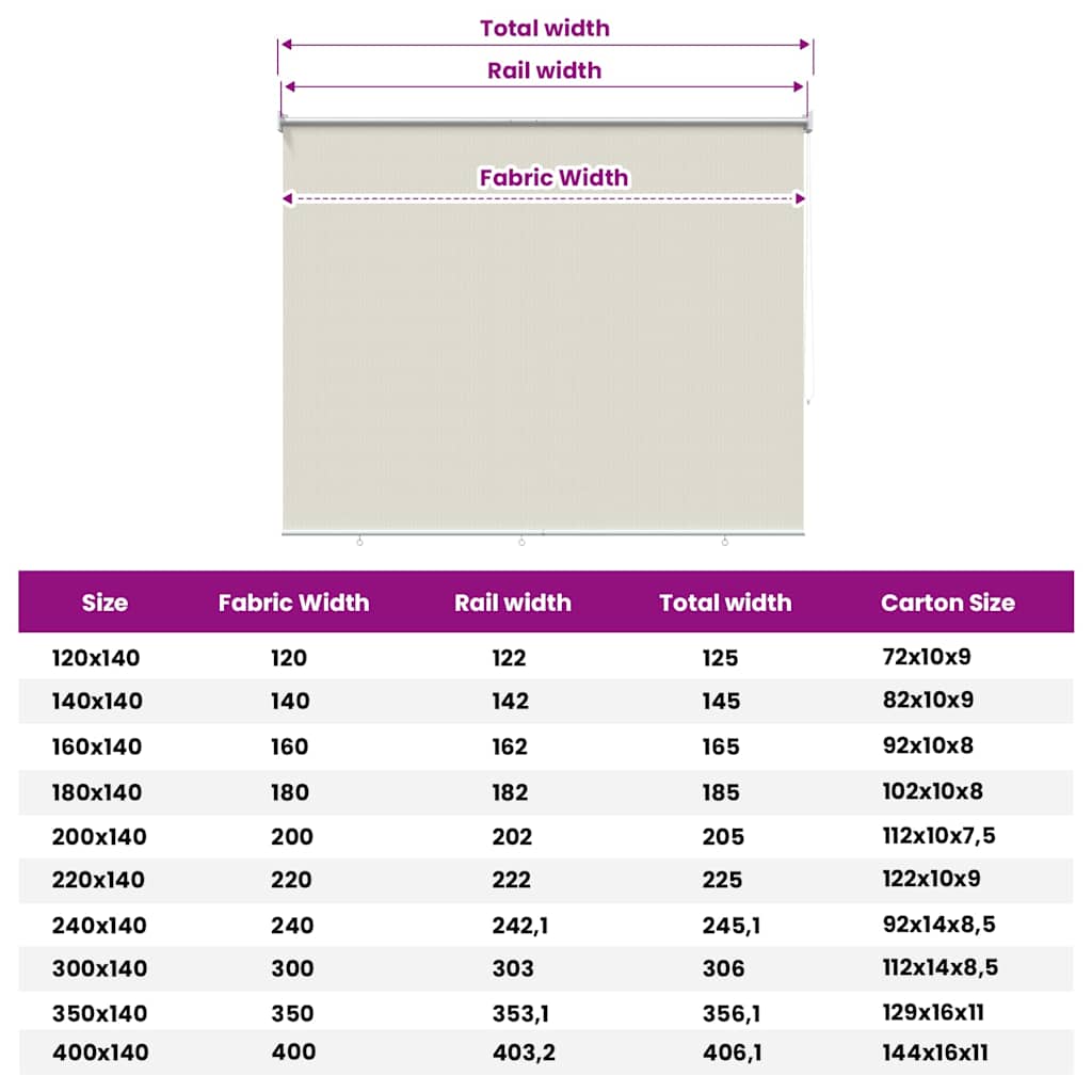 udendørs rullegardin 205 (B) x 140 (H) cm cremefarvet