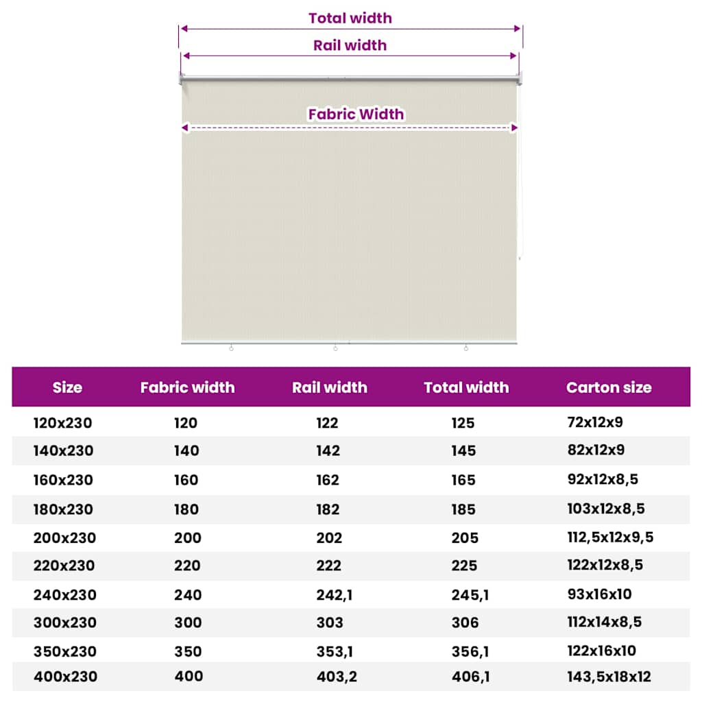udendørs rullegardin 125 (B) x 230 (H) cm cremefarvet