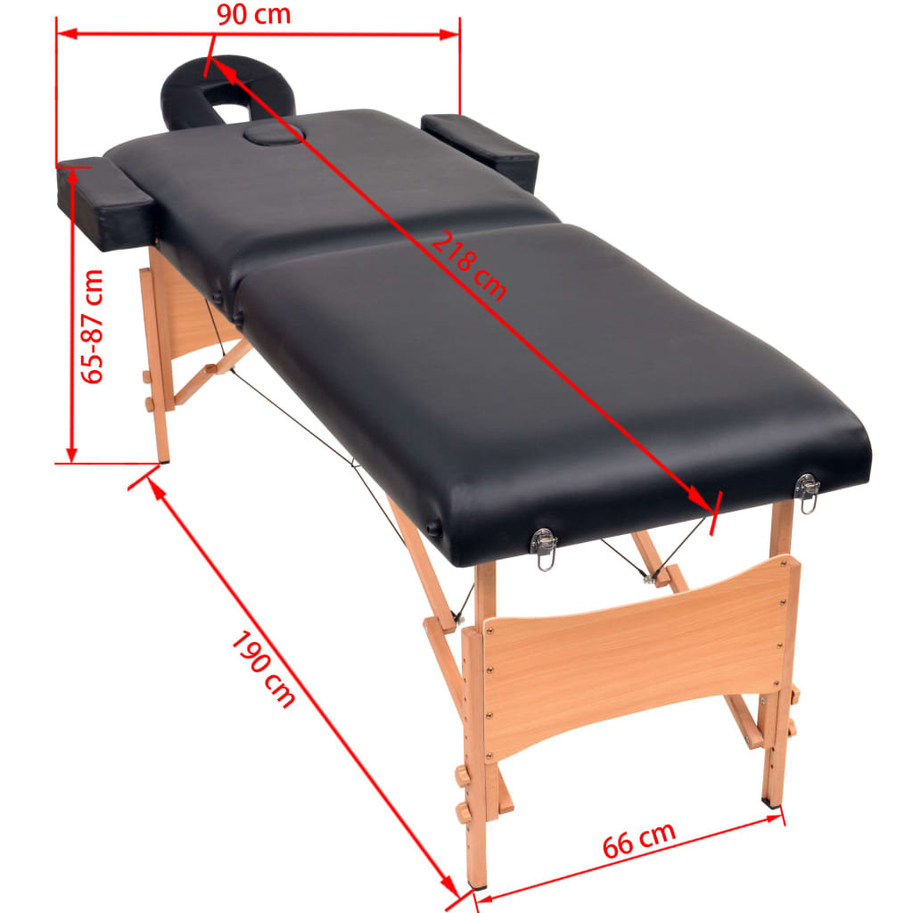 sammenfoldeligt massagebord 2 zoner 10 cm tyk hynde sort