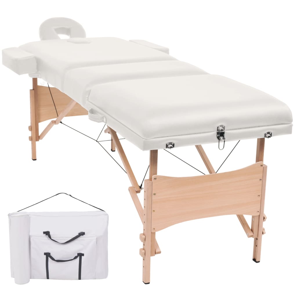 sammenfoldeligt massagebord 3 zoner 10 cm tyk hynde hvid