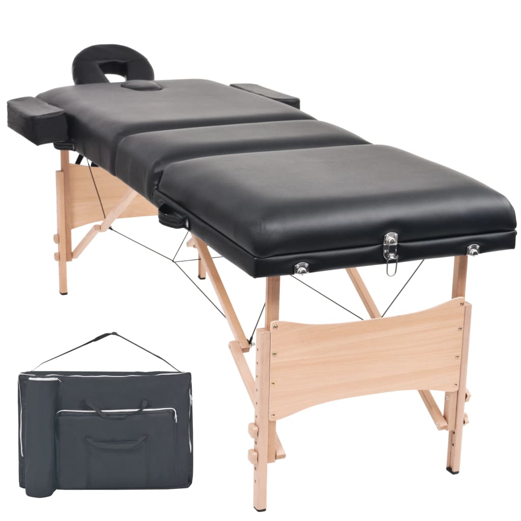 sammenfoldeligt massagebord 3 zoner 10 cm tyk hynde sort