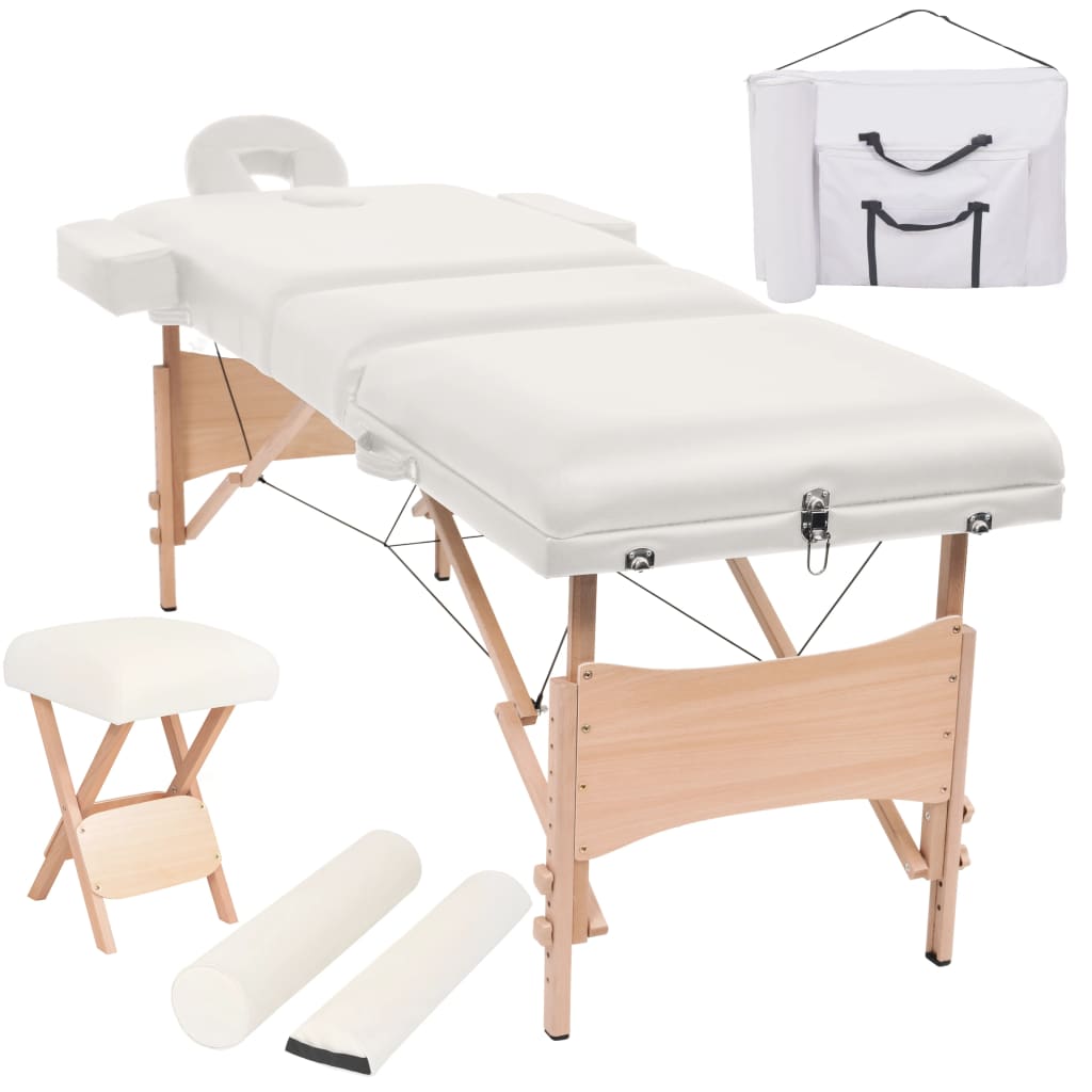 foldbart massagebord med skammel 3 zoner 10 cm tyk hvid