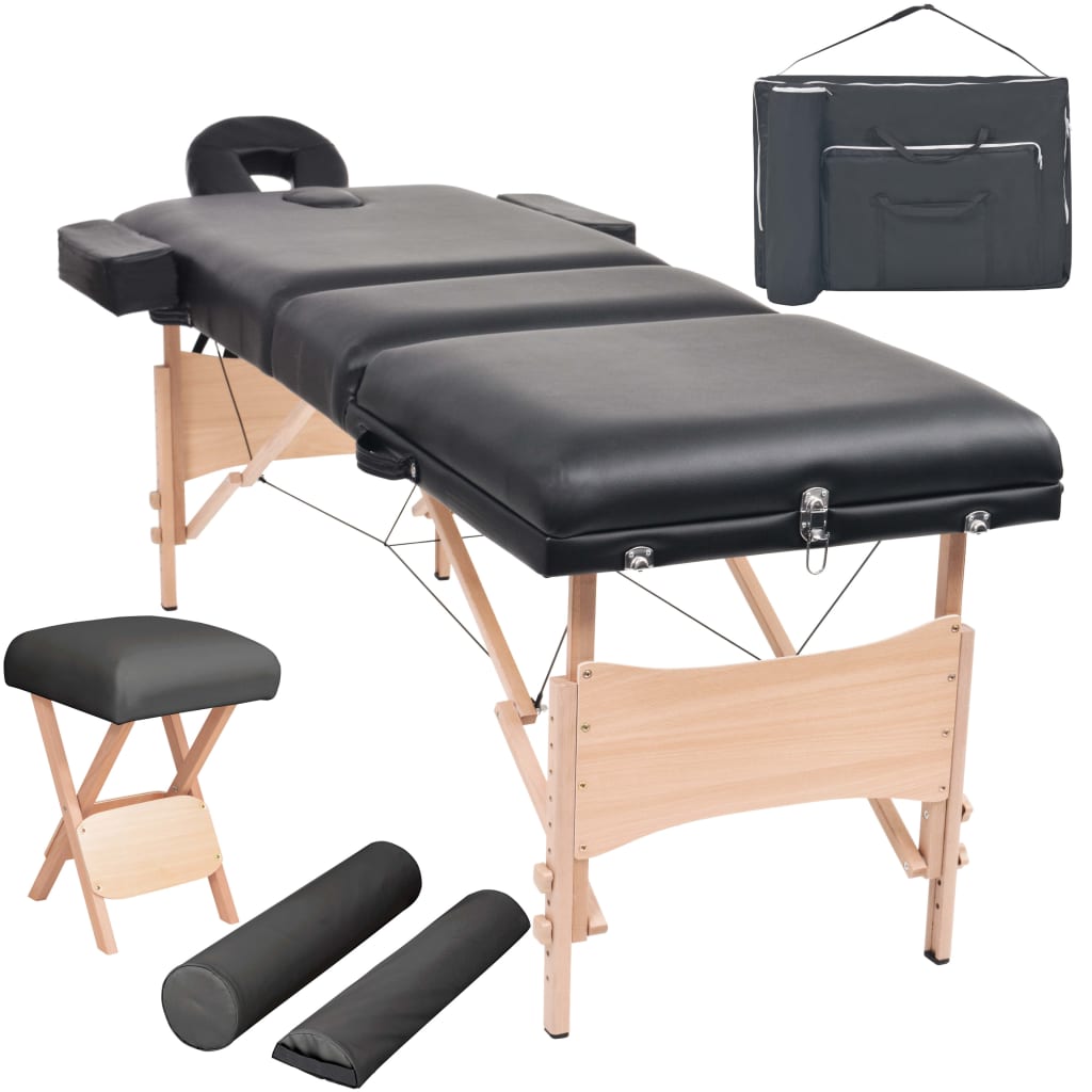 foldbart massagebord med skammel 3 zoner 10 cm tyk sort