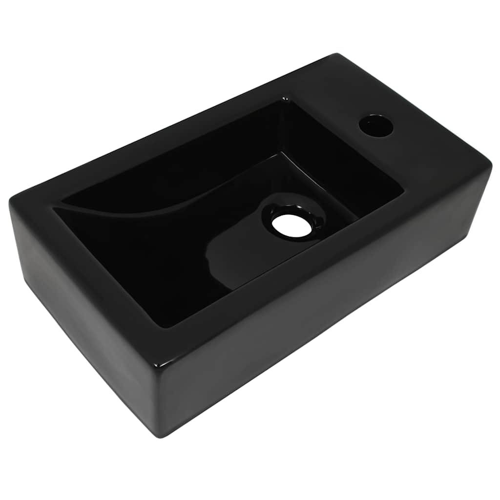 håndvask med vandhanehul rektangulær keramik sort 46 x 25,5 x 12 cm