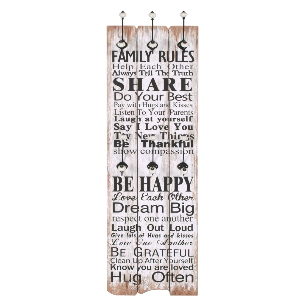 vægmonteret knagerække med 6 knager FAMILY RULES 120 x 40 cm