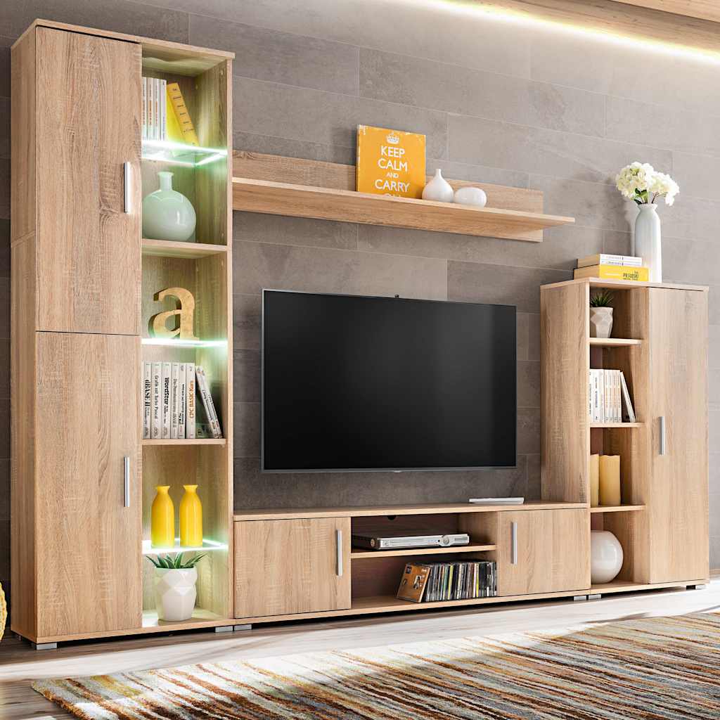 skabssæt med tv-skab og LED-lys sonoma-eg