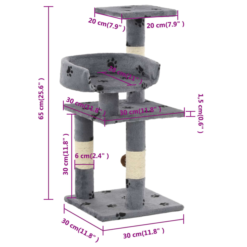 kradsetræ med sisal-kradsestolper til katte 65 cm poteprint grå