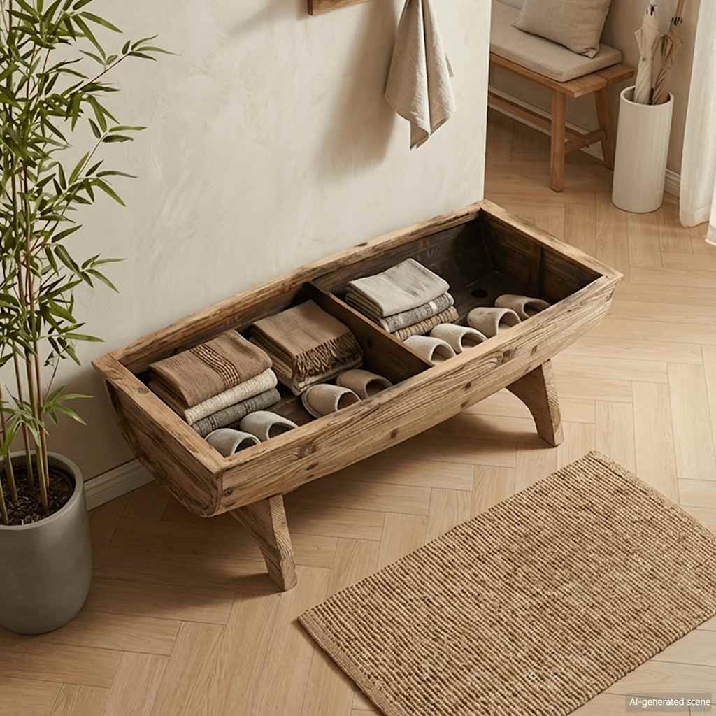 opbevaringsbænk massivt træ og stof 103 x 51 x 44 cm