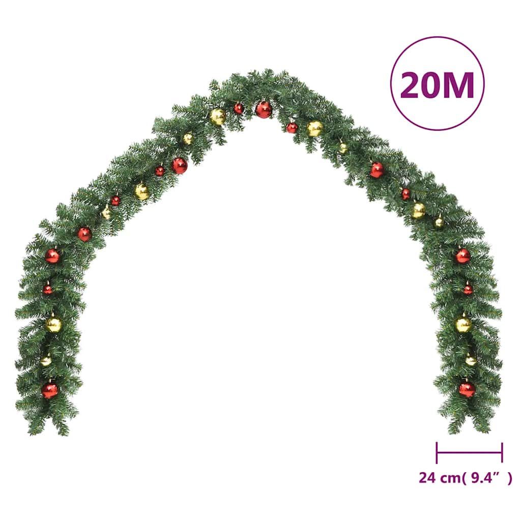 juleguirlande dekoreret med kugler og LED-lys 20 m