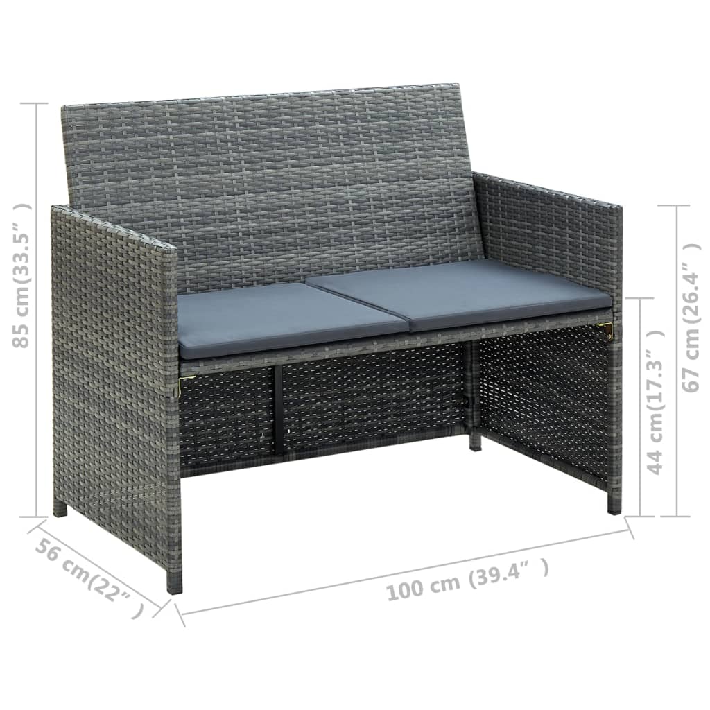 2-personers havesofa med hynder grå polyrattan
