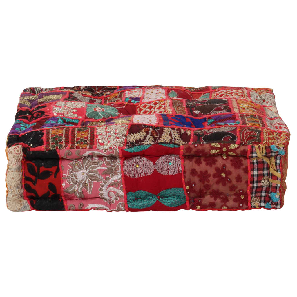 puffe med patchwork firkantet bomuld håndlavet 50 x 50 x 12 cm rød