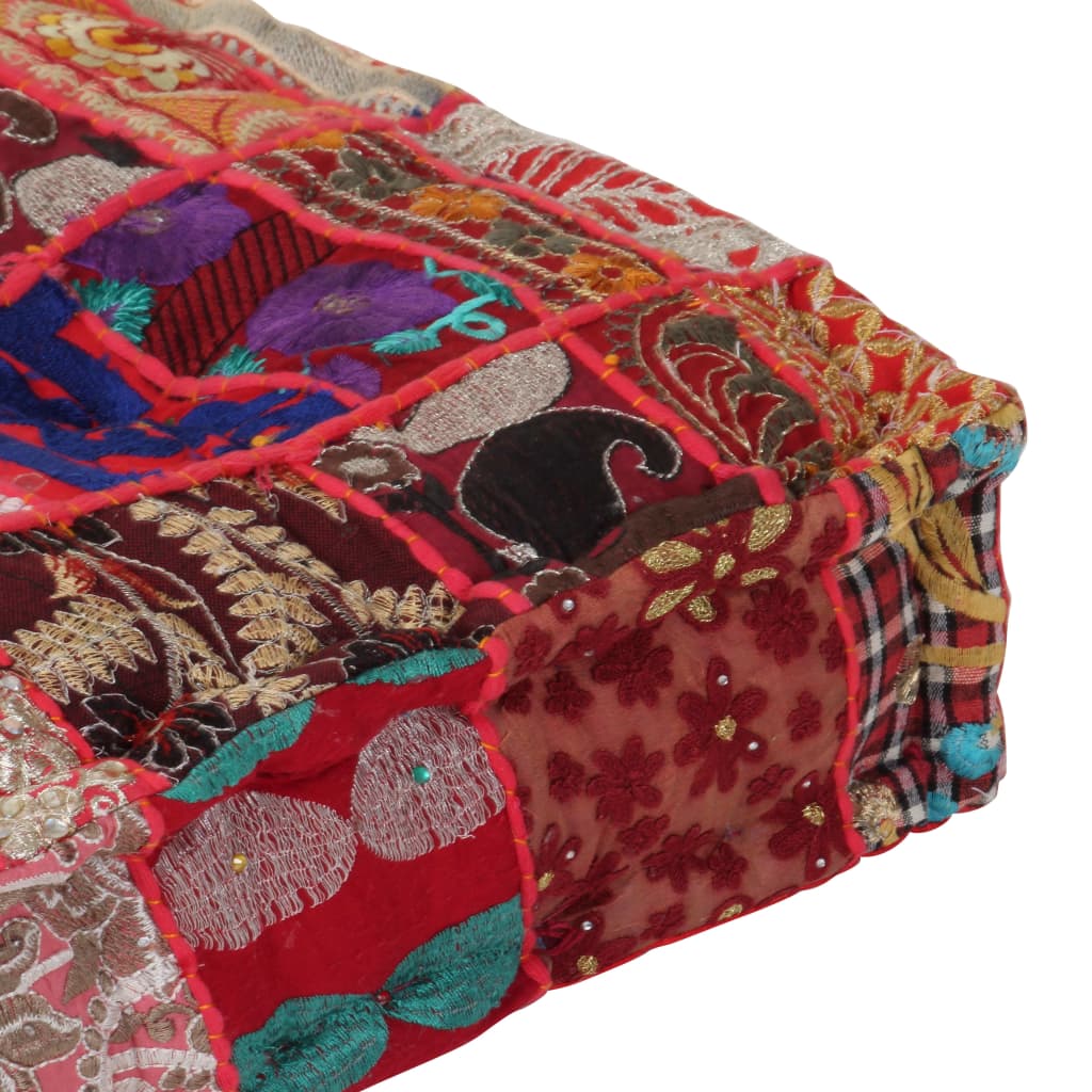 puffe med patchwork firkantet bomuld håndlavet 50 x 50 x 12 cm rød