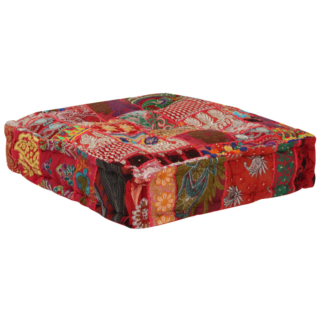 puffe med patchwork firkantet bomuld håndlavet 50 x 50 x 12 cm rød