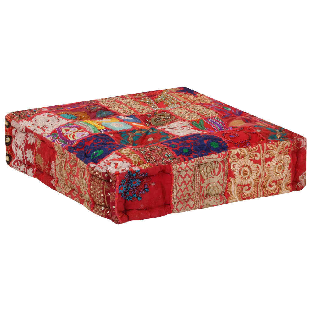 puffe med patchwork firkantet bomuld håndlavet 50 x 50 x 12 cm rød