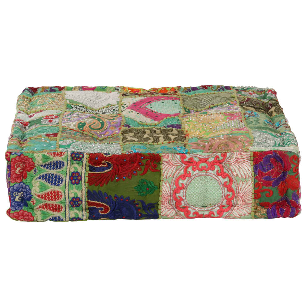 puffe med patchwork firkantet bomuld håndlavet 50 x 50 x 12 cm grøn