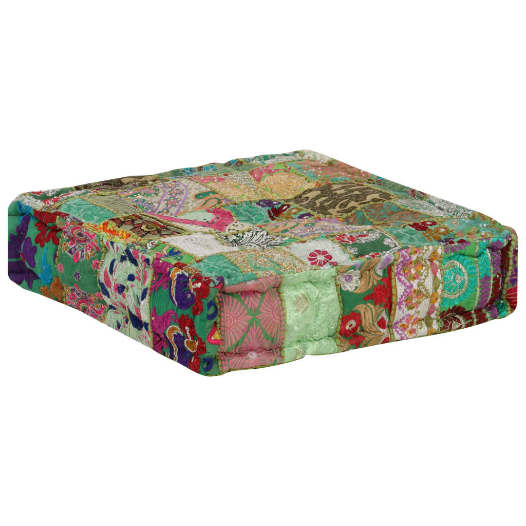 puffe med patchwork firkantet bomuld håndlavet 50 x 50 x 12 cm grøn