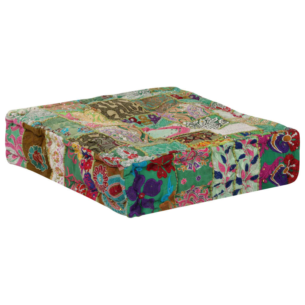 puffe med patchwork firkantet bomuld håndlavet 50 x 50 x 12 cm grøn