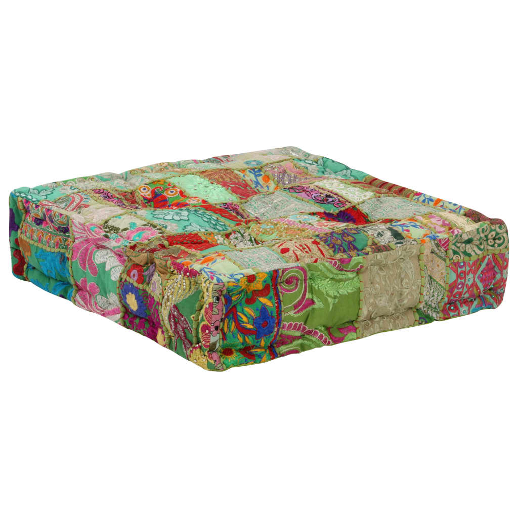 puffe med patchwork firkantet bomuld håndlavet 50 x 50 x 12 cm grøn