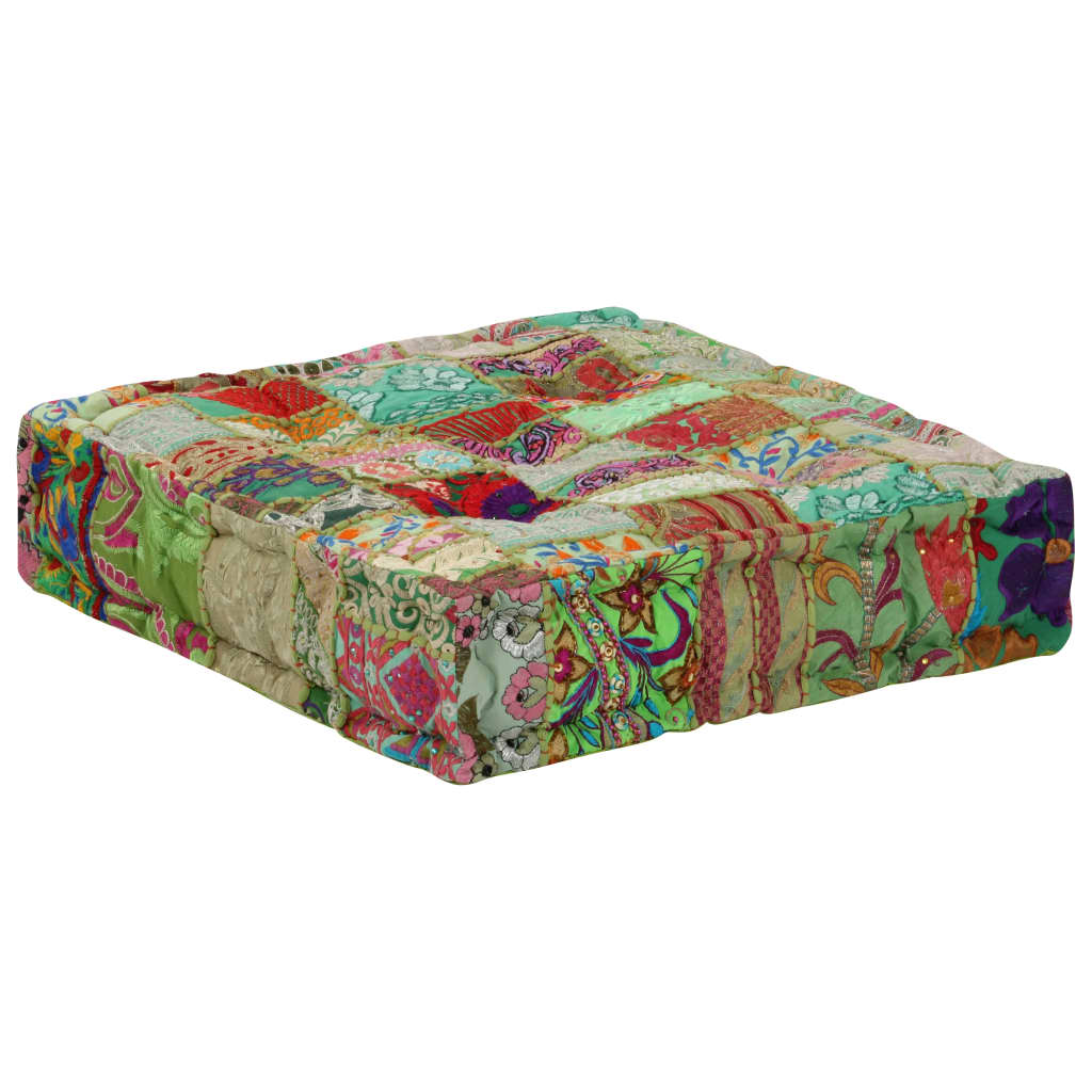 puffe med patchwork firkantet bomuld håndlavet 50 x 50 x 12 cm grøn