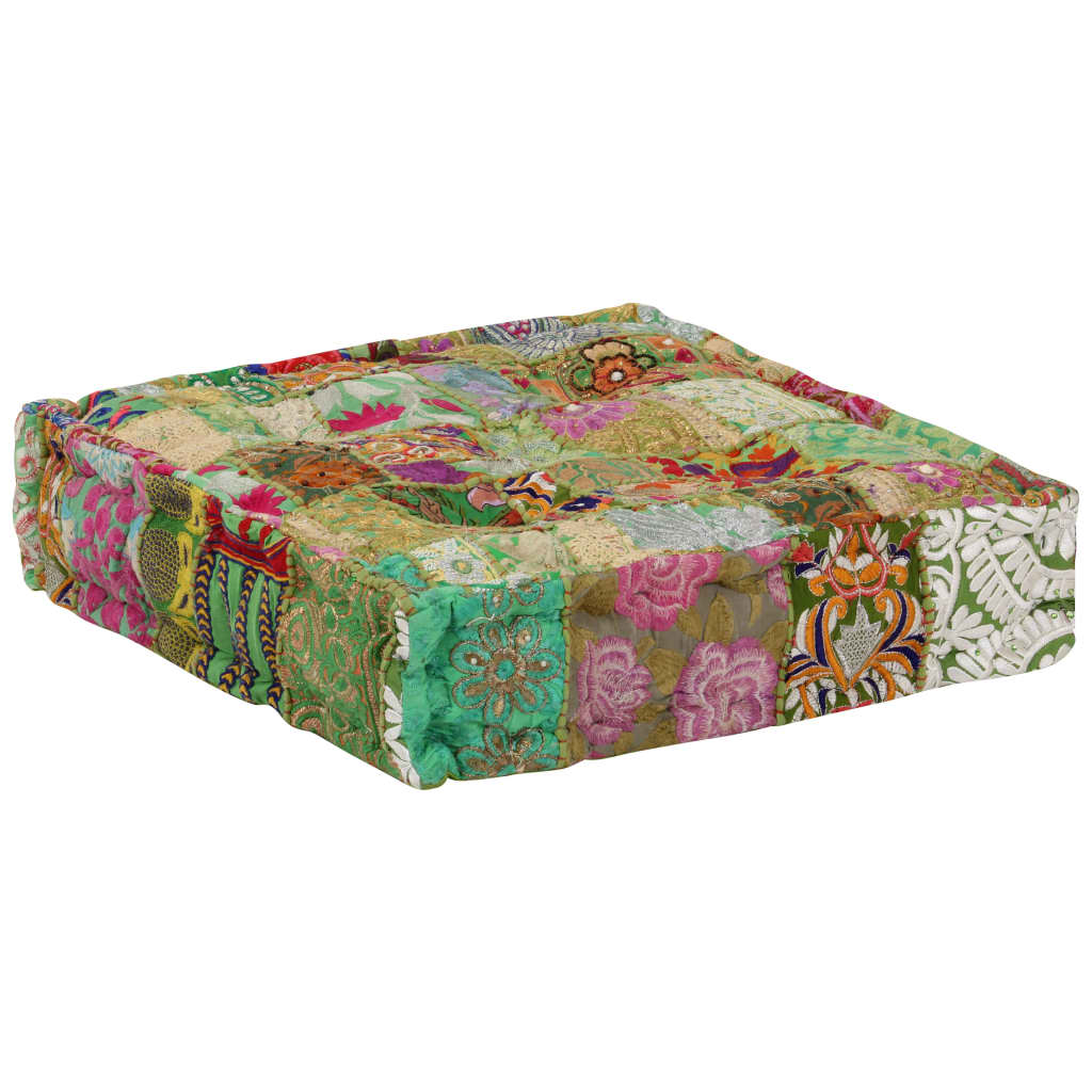 puffe med patchwork firkantet bomuld håndlavet 50 x 50 x 12 cm grøn