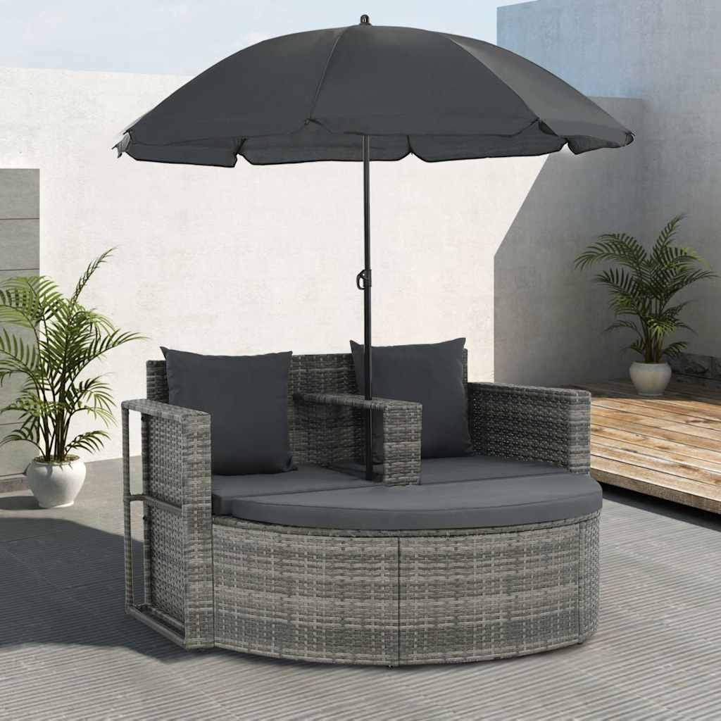 2-personers havesofa med hynder og parsol polyrattan grå