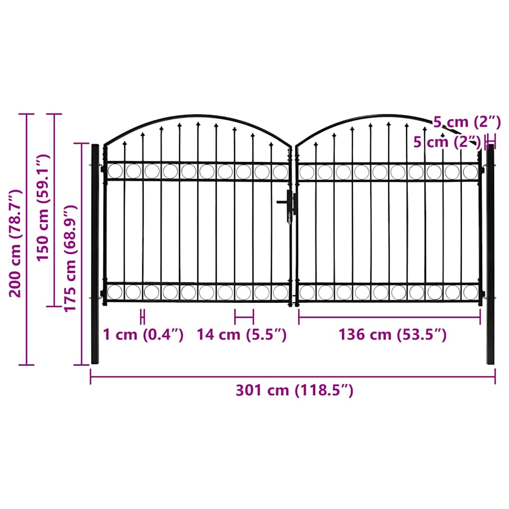 hegnslåge ASSEN dobbeltdør med buet top stål 300x150 cm
