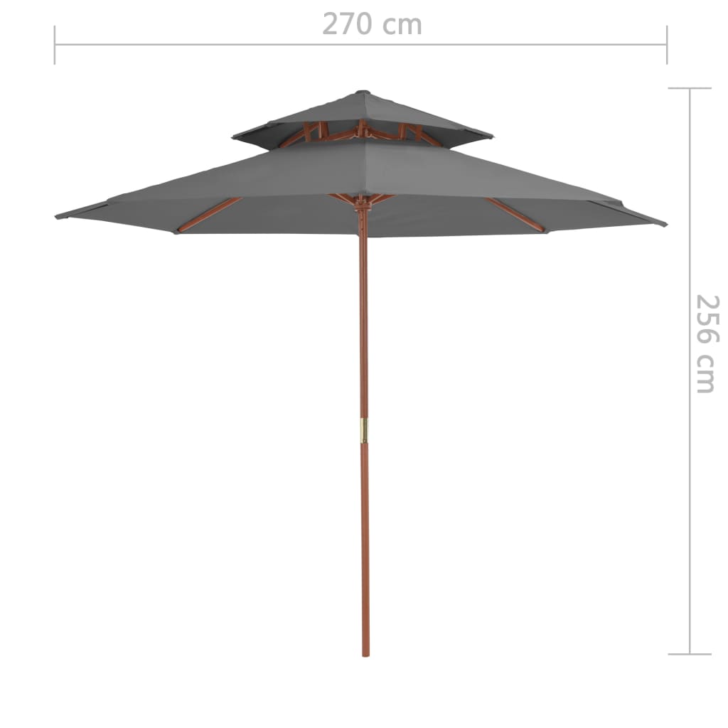 parasol m. træstang 270 cm 2 niveauer antracitgrå