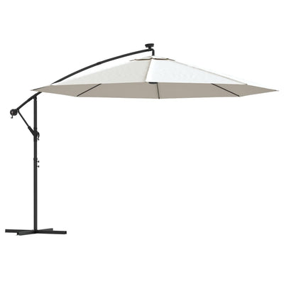 hængeparasol med LED-lys og metalstang 350 cm sandfarvet