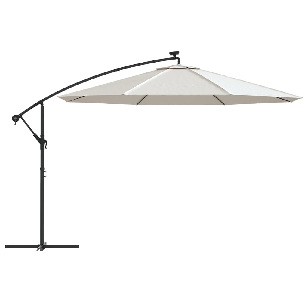 hængeparasol med LED-lys og metalstang 350 cm sandfarvet