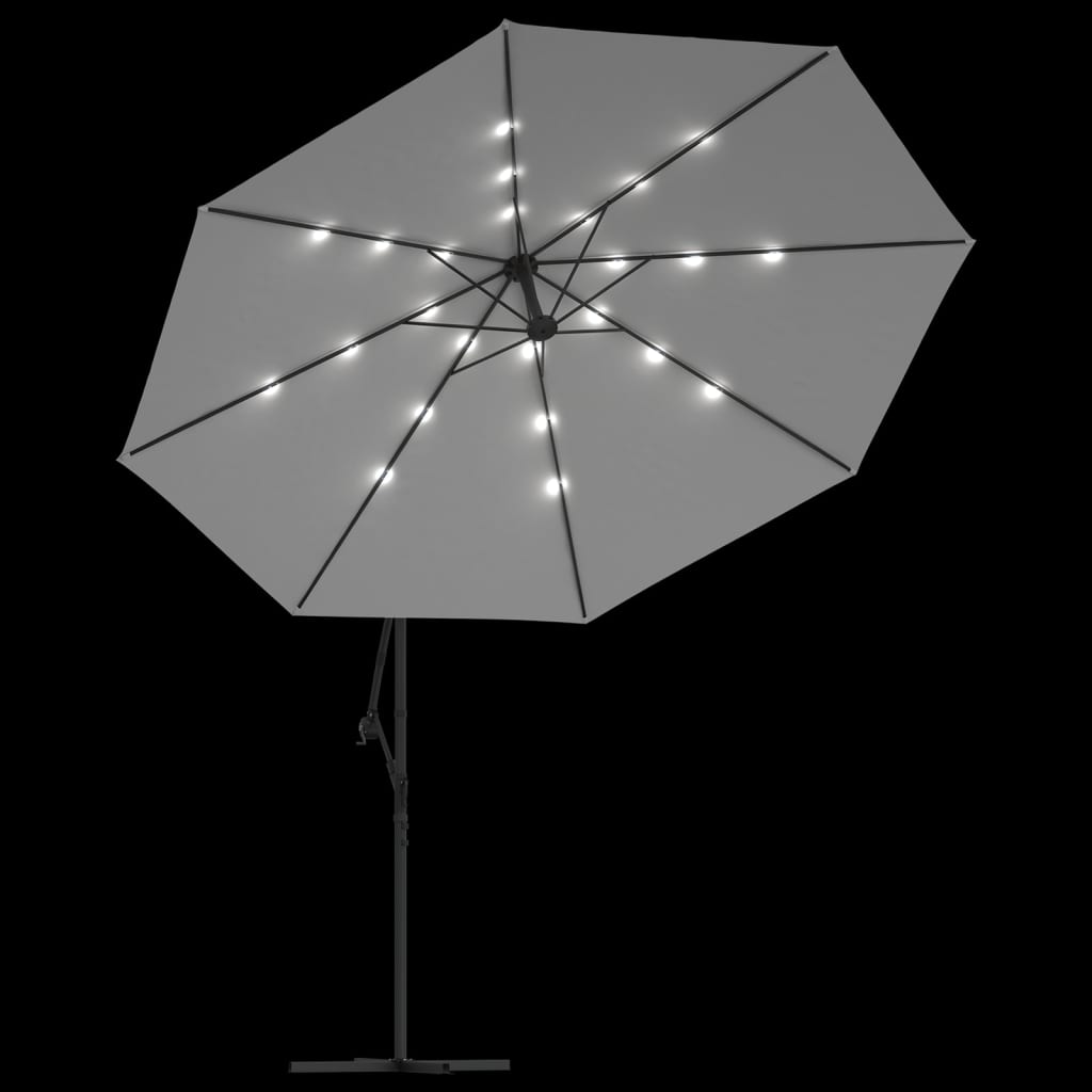 hængeparasol med LED-lys og metalstang 350 cm sandfarvet