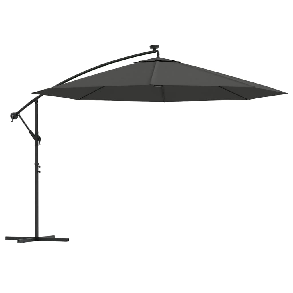 hængeparasol med LED-lys og metalstang 350 cm antracitgrå