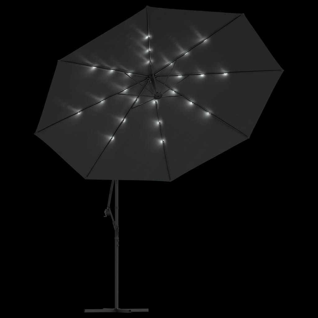 hængeparasol med LED-lys og metalstang 350 cm antracitgrå