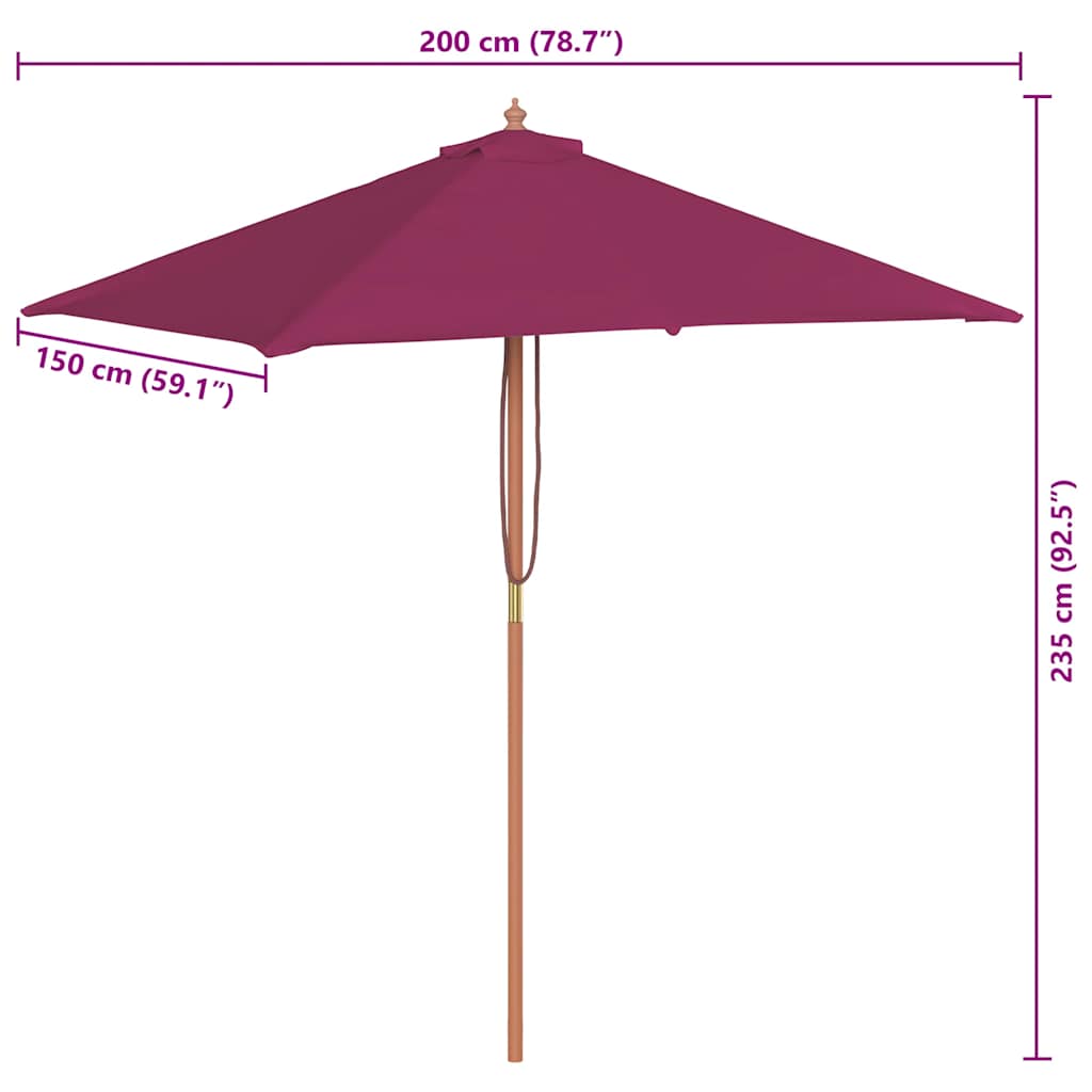 parasol 150x200 cm træstang bordeauxrød