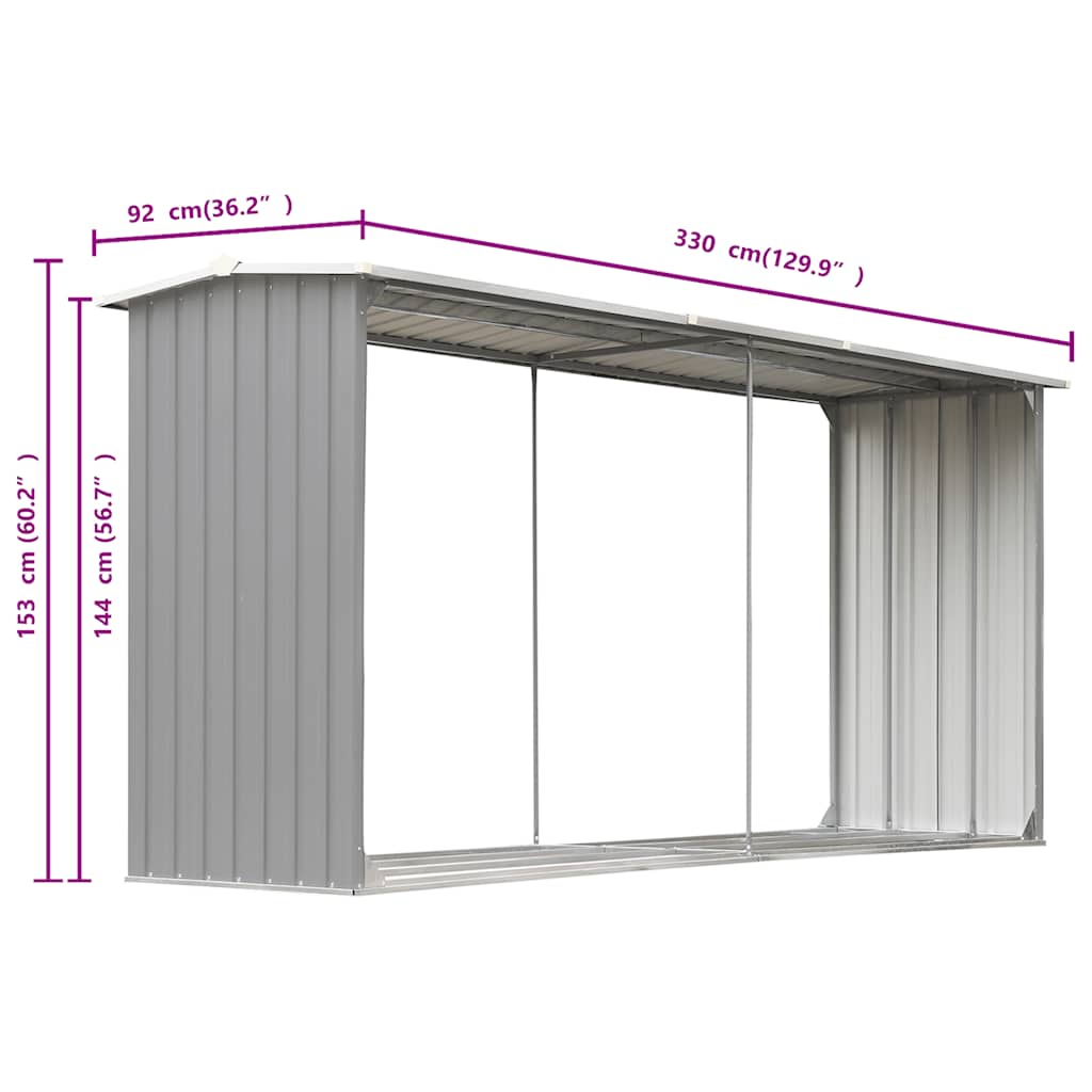 brændeskur til haven galvaniseret stål 330 x 92 x 153 cm grå