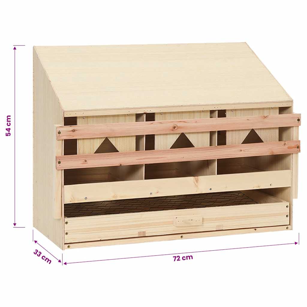 redekasse til høns med 3 rum 72x33x54 cm massivt fyrretræ