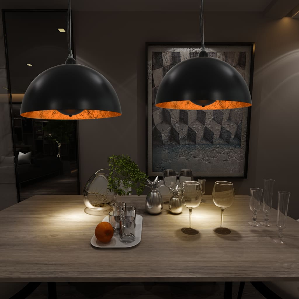 loftslamper 2 stk. halvkugle 40 cm E27 sort og guldfarvet