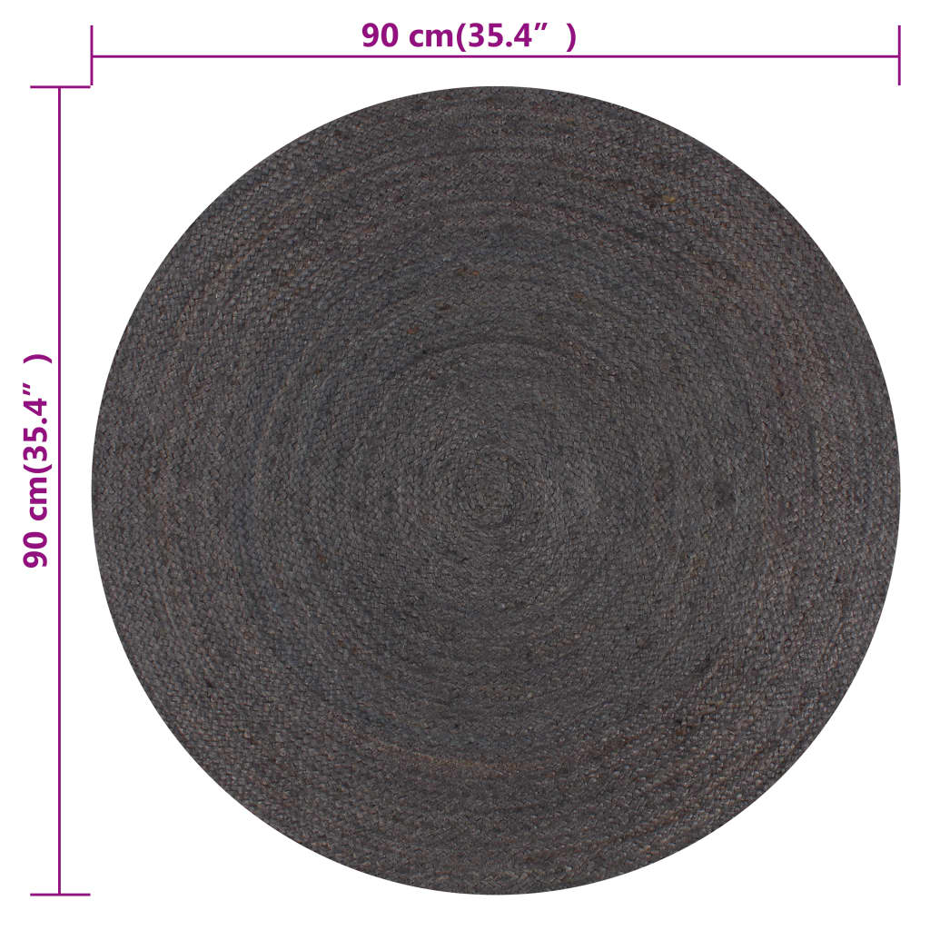 håndlavet tæppe jute rund 90 cm mørkegrå