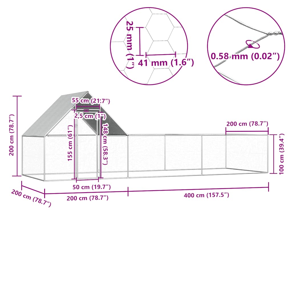 hønsegård 6x2x2 m galvaniseret stål