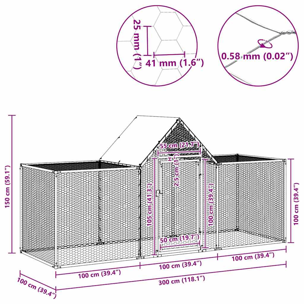 hønsegård 3x1x1,5 m galvaniseret stål
