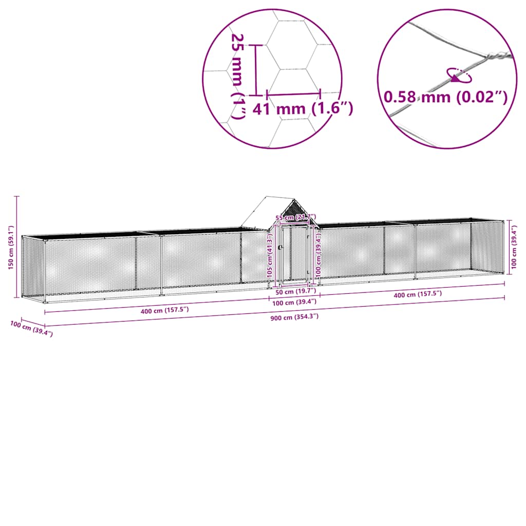 hønsegård 9x1x1,5 m galvaniseret stål