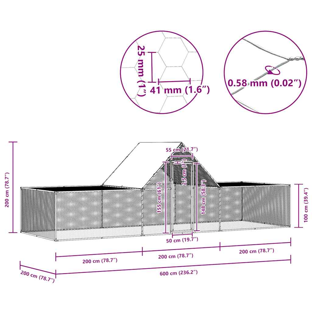 hønsegård 6x2x2 m galvaniseret stål
