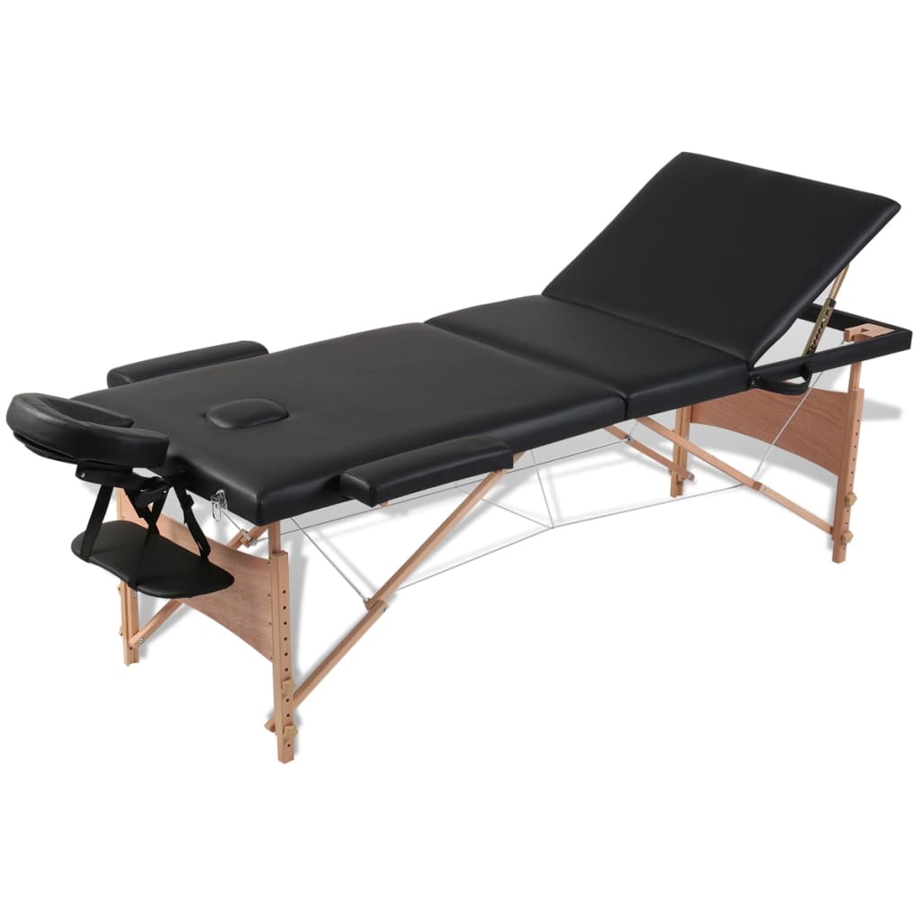 sammenfoldeligt massagebord med træstel 3 zoner sort