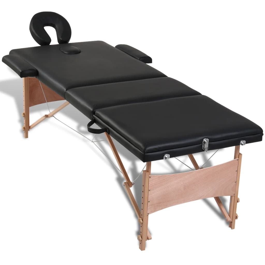 sammenfoldeligt massagebord med træstel 3 zoner sort